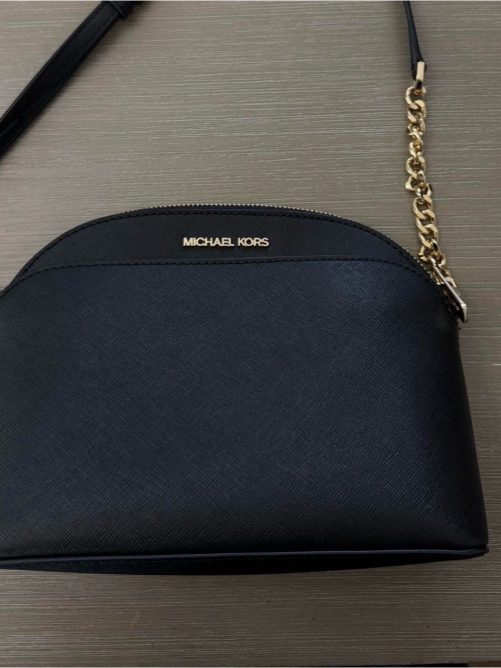 Michael Kors Black Saffiano Dome Crossbody with Gold Chain